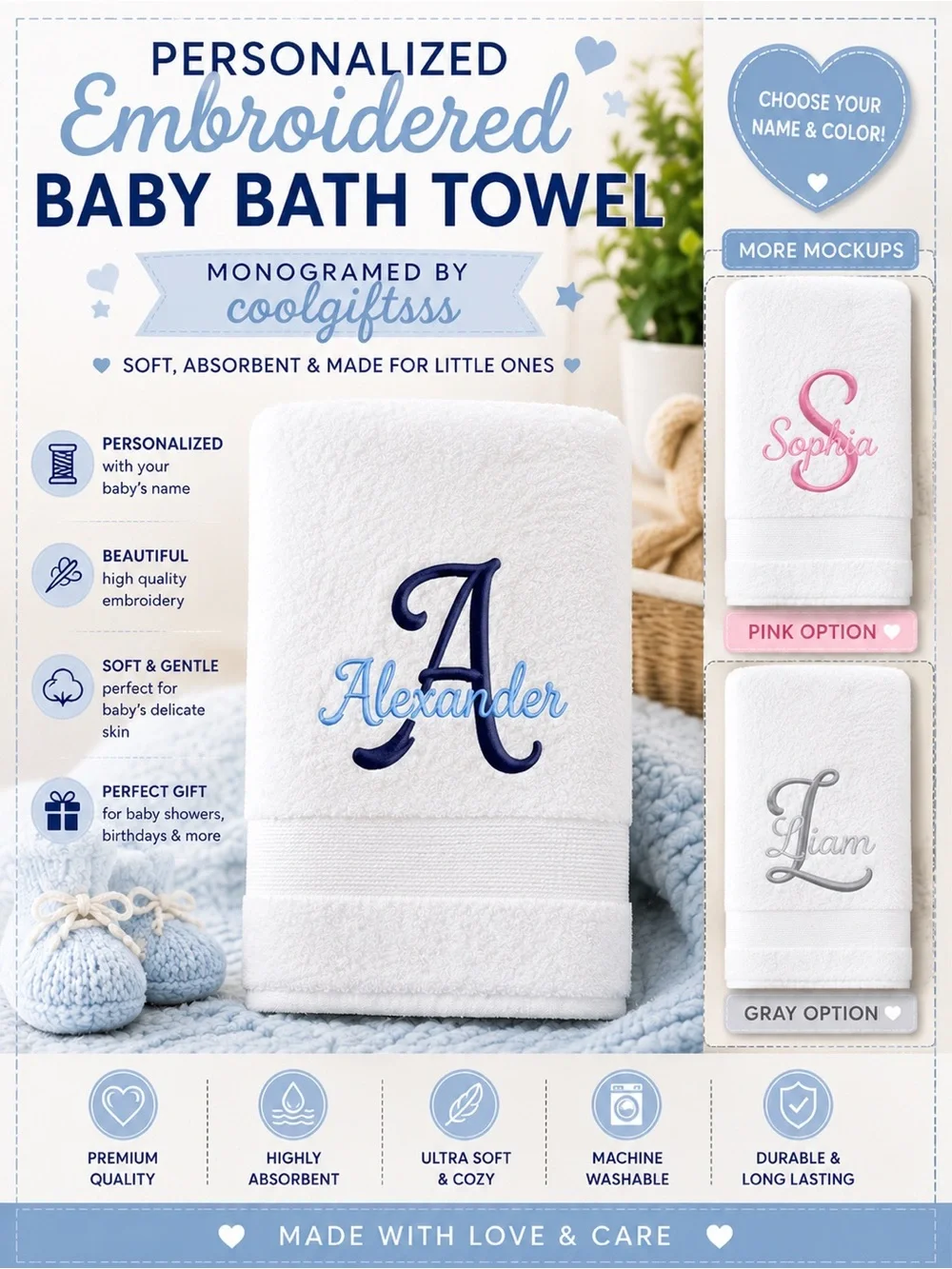 Personalized Baby Bath towels. Embroidered. Personalize with a name or monogram